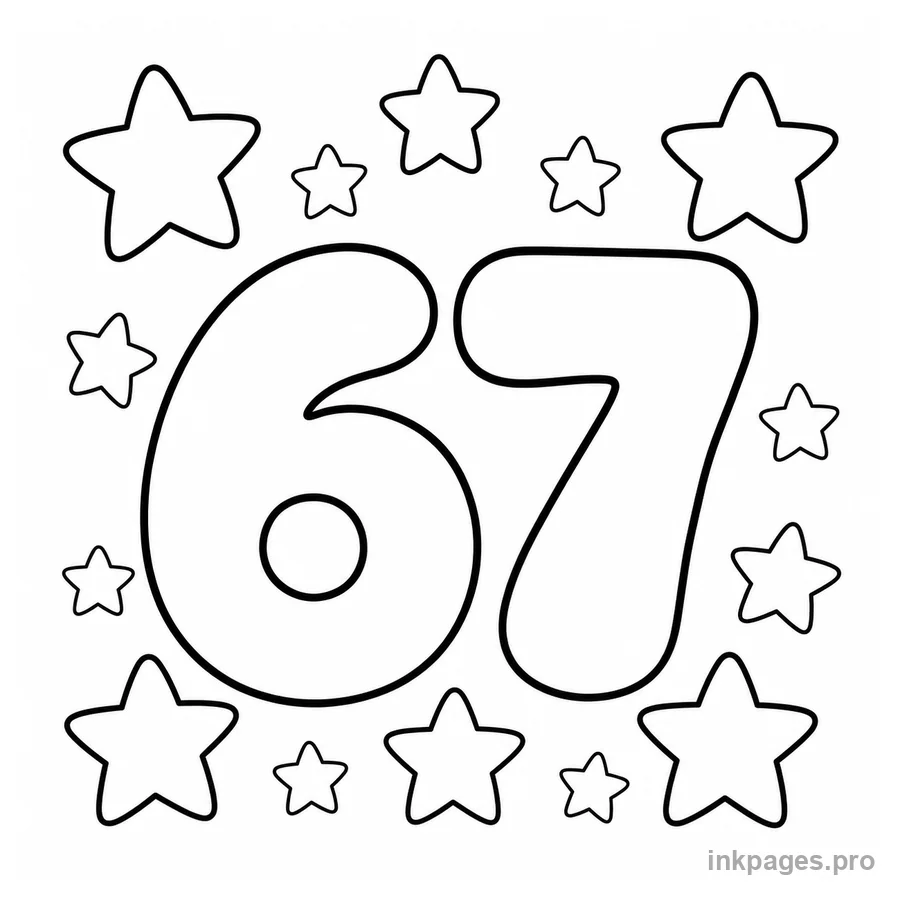 Free printable 67 coloring page: the number 67 in bubble letters surrounded by stars