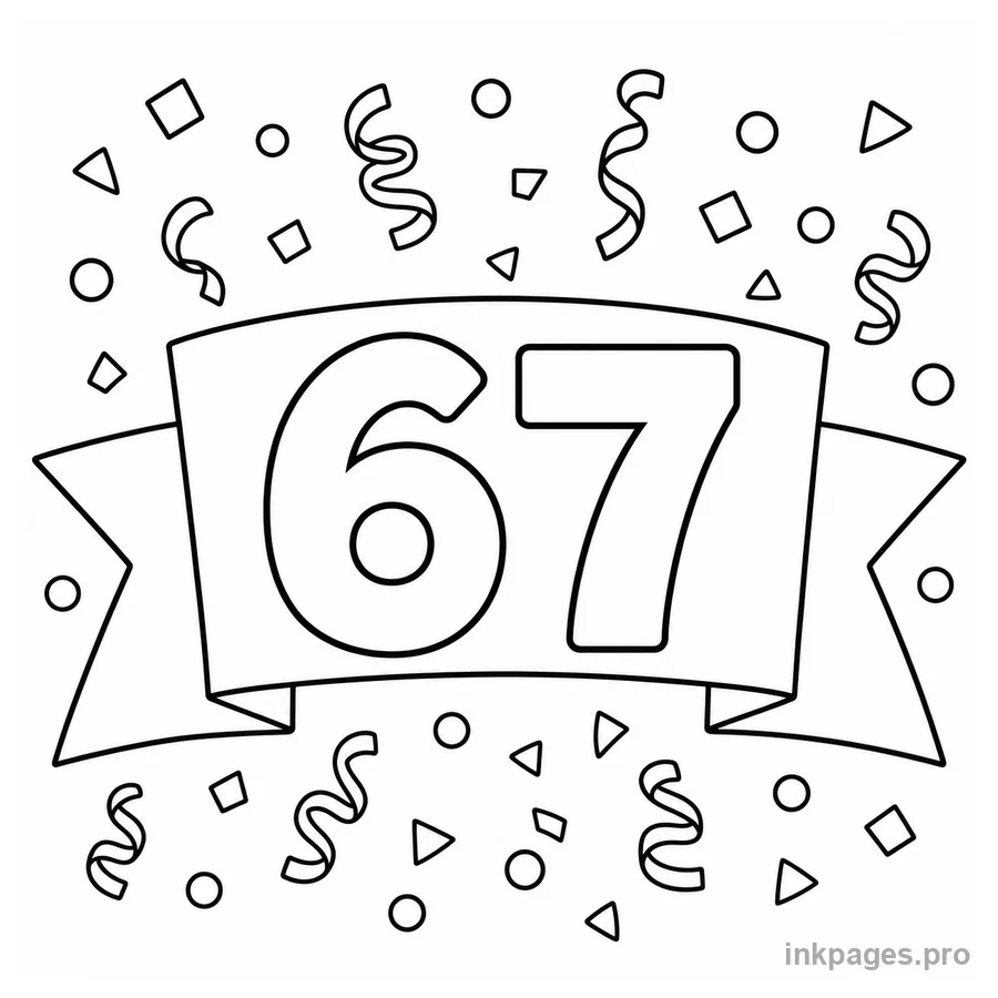 Free printable 67 coloring page: the number 67 on a banner with confetti