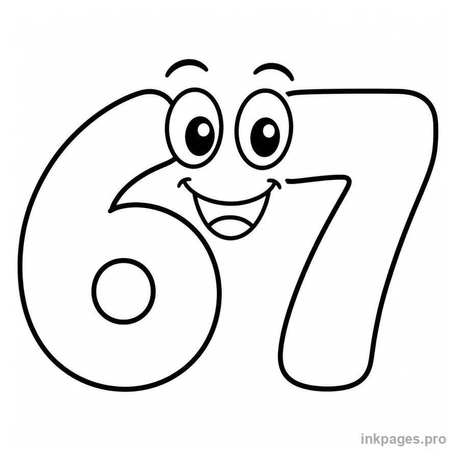 Free printable 67 coloring page: the number 67 in bubble letters with a smiling face