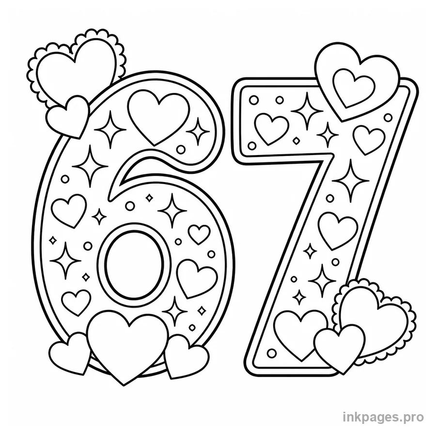 Free printable 67 coloring page: the number 67 decorated with hearts and sparkles