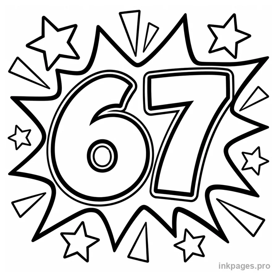 Free printable 67 coloring page: the number 67 inside a burst shape like a comic logo