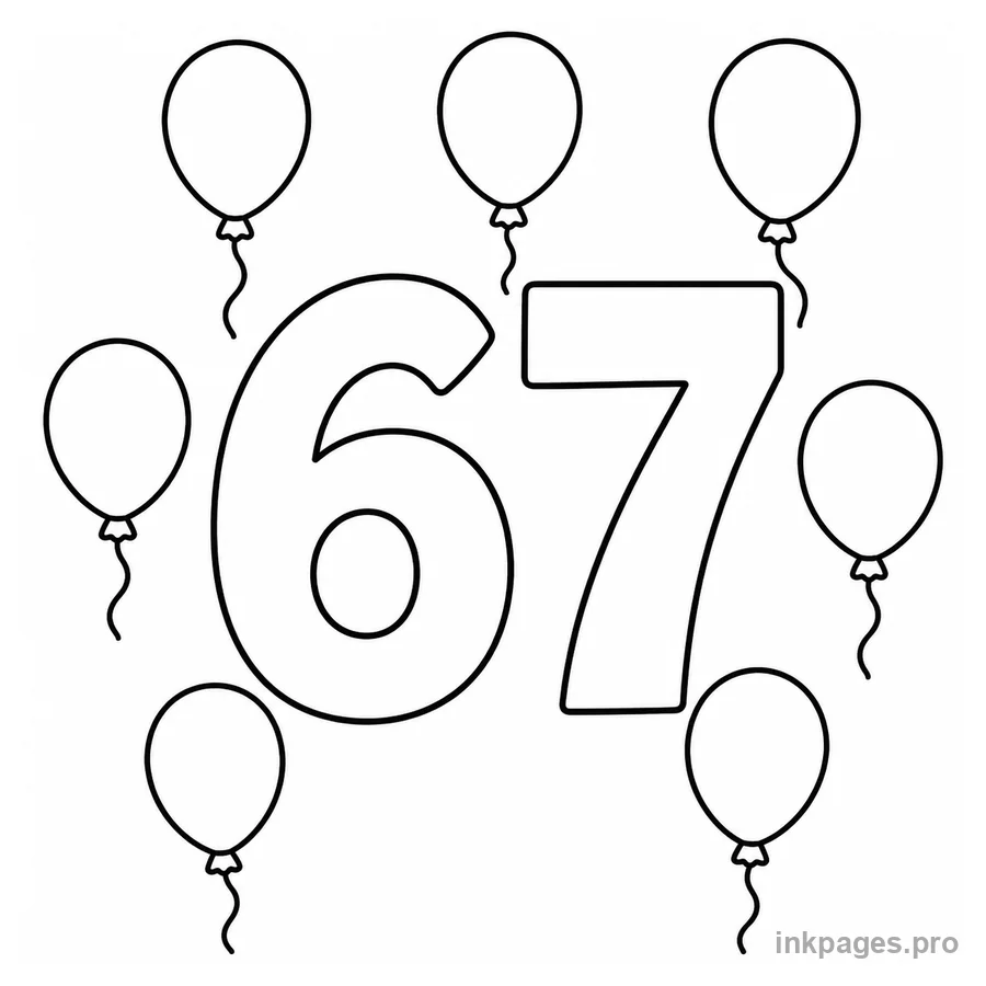 Free printable 67 coloring page: the number 67 with balloons floating around it