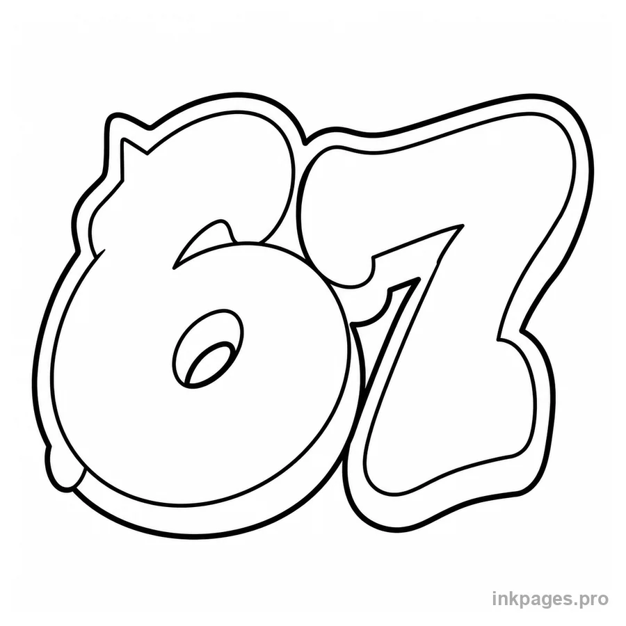 Free printable 67 coloring page: the number 67 in graffiti-style bubble letters