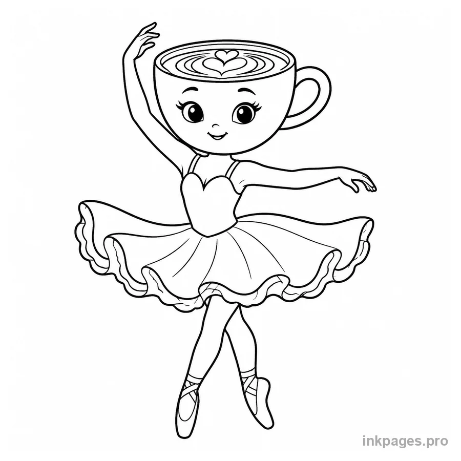 Free printable ballerina cappuccina coloring page: a coffee-cup-headed ballerina dancing with a flowing tutu