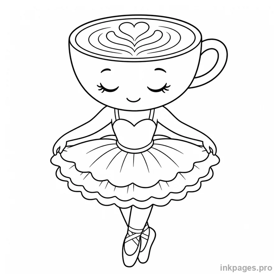 Free printable ballerina cappuccina coloring page: a cute cappuccino ballerina in a layered tutu curtsying