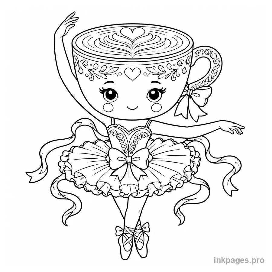 Free printable ballerina cappuccina coloring page: a cappuccino ballerina with a decorated cup and ribbons