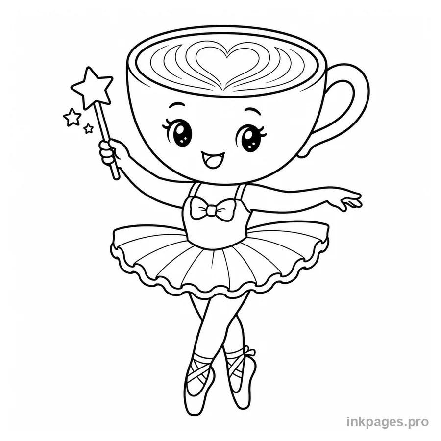 Free printable ballerina cappuccina coloring page: a cappuccino ballerina holding a small wand with stars