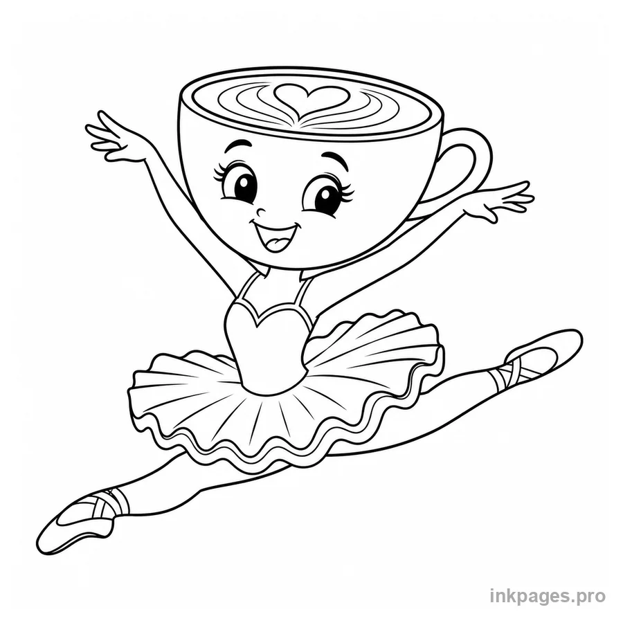 Free printable ballerina cappuccina coloring page: a cappuccino ballerina leaping mid-air with joy