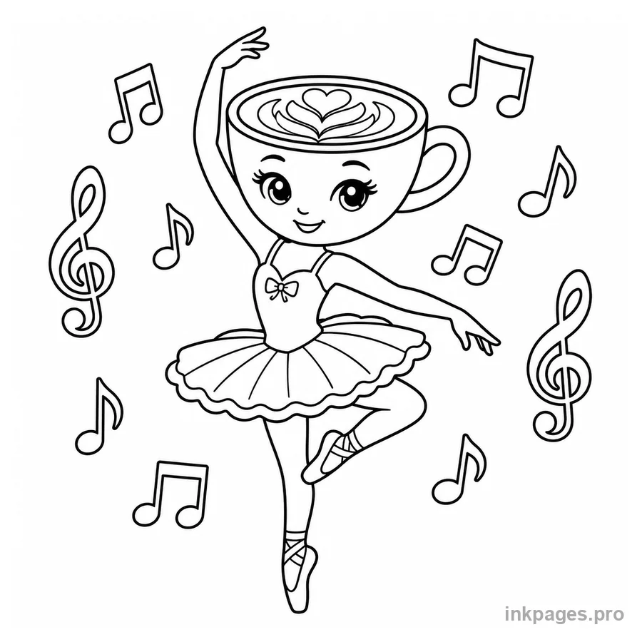 Free printable ballerina cappuccina coloring page: a cappuccino ballerina posing among musical notes