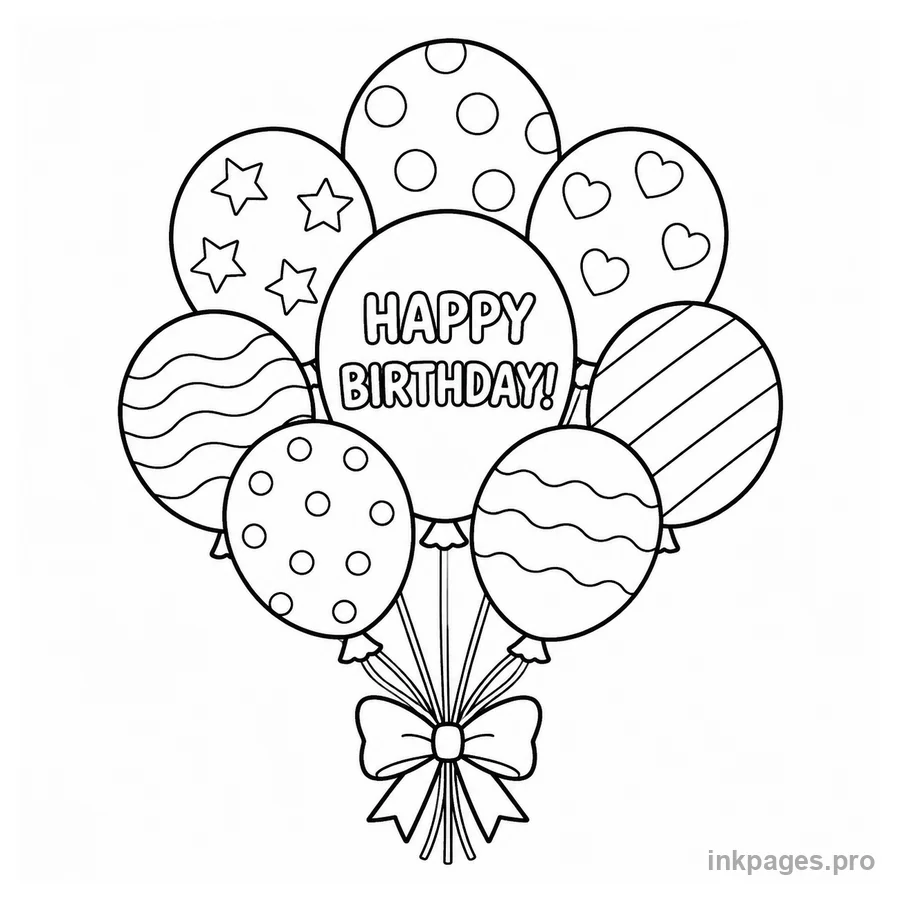 Free printable birthday coloring page: a bunch of birthday balloons tied together