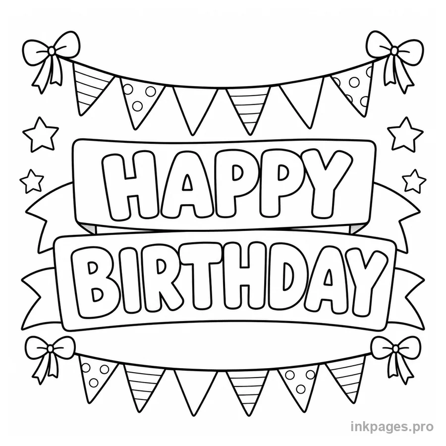 Free printable birthday coloring page: a happy birthday banner with bunting