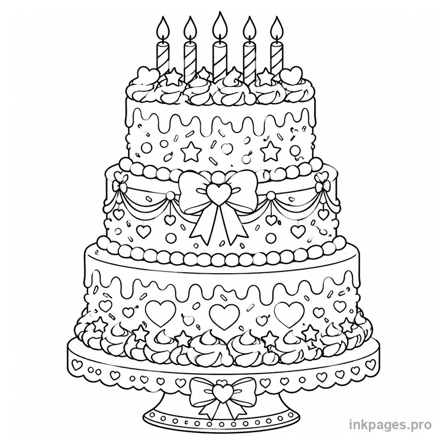 Free printable birthday coloring page: a tall layered birthday cake with decorations