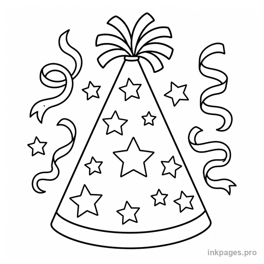 Free printable birthday coloring page: a party hat with stars and streamers