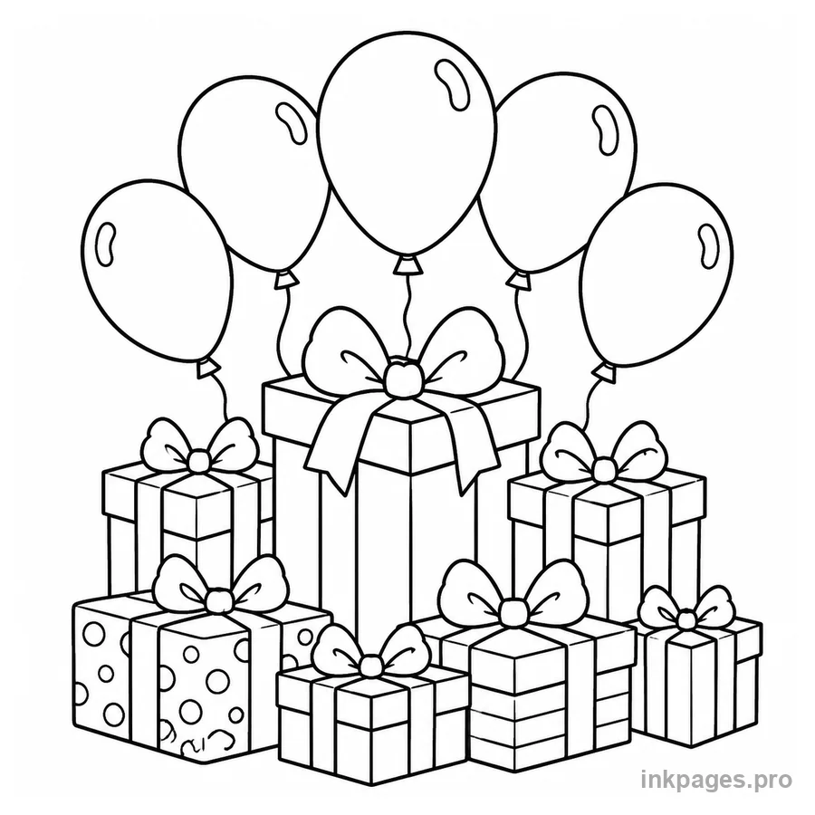 Free printable birthday coloring page: a pile of presents with balloons