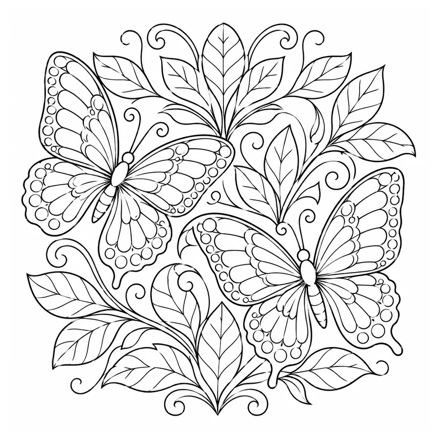 Free printable butterfly coloring page: two butterflies fluttering among leaves