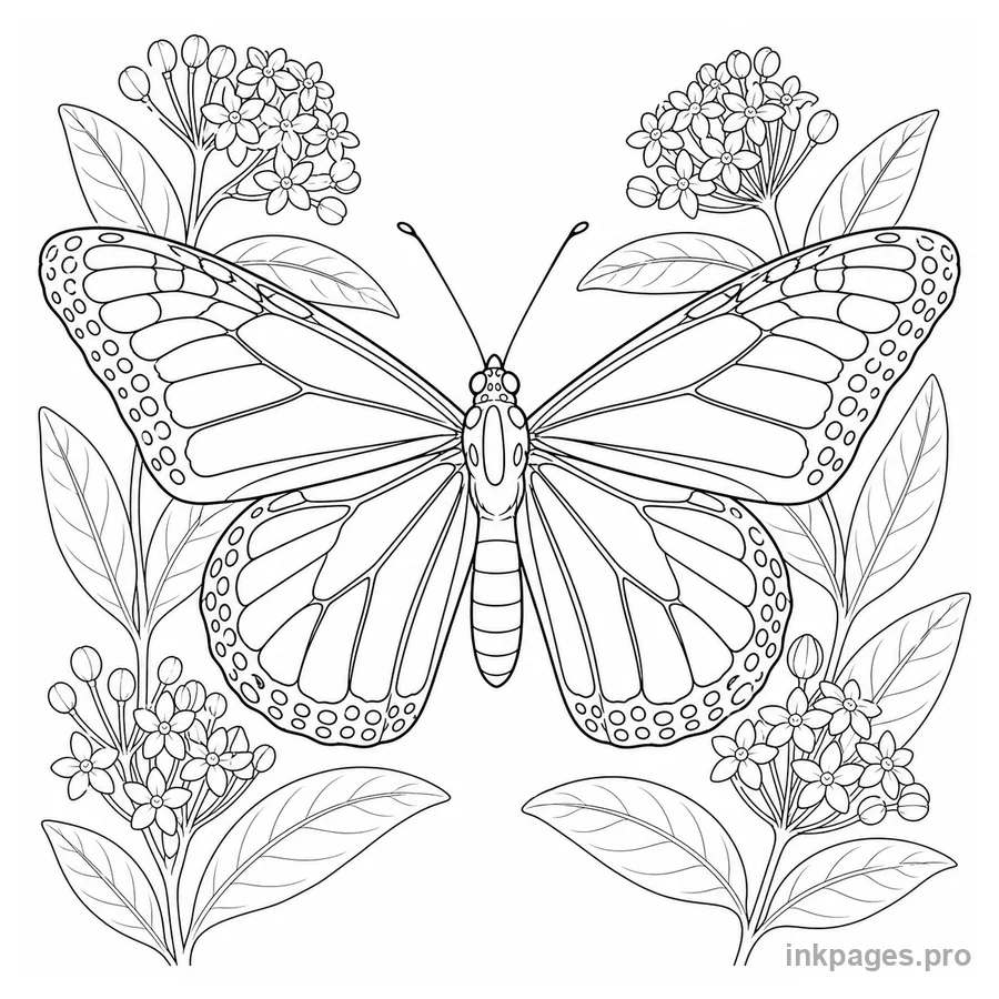 Free printable butterfly coloring page: a recognizable monarch butterfly with open symmetric wings surrounded by milkweed leaves