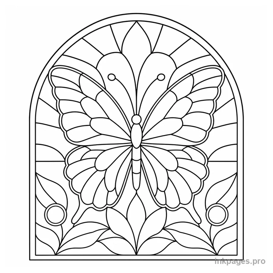 Free printable butterfly coloring page: a stained-glass-style butterfly sun catcher filling a rounded window frame with large symmetric mosaic cells and simple leaves