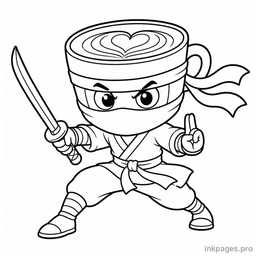 Free printable cappuccino assassino coloring page: a cappuccino ninja character in a dynamic action pose