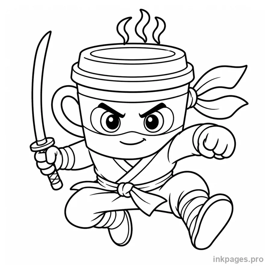 Free printable cappuccino assassino coloring page: a coffee-cup ninja leaping with a determined smile
