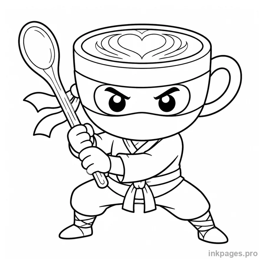 Free printable cappuccino assassino coloring page: a cappuccino ninja holding a wooden spoon like a sword