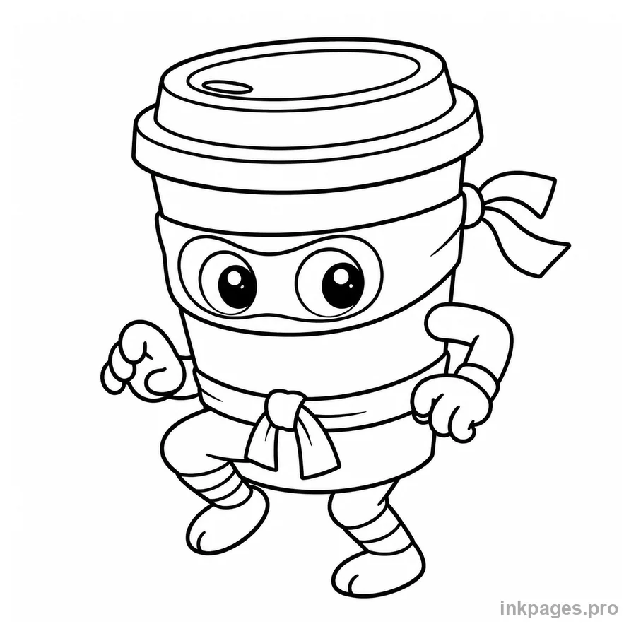 Free printable cappuccino assassino coloring page: a coffee-cup ninja sneaking with big cartoon eyes