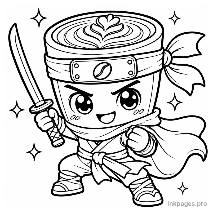 Free printable cappuccino assassino coloring page: a cappuccino ninja with a headband and tiny cape