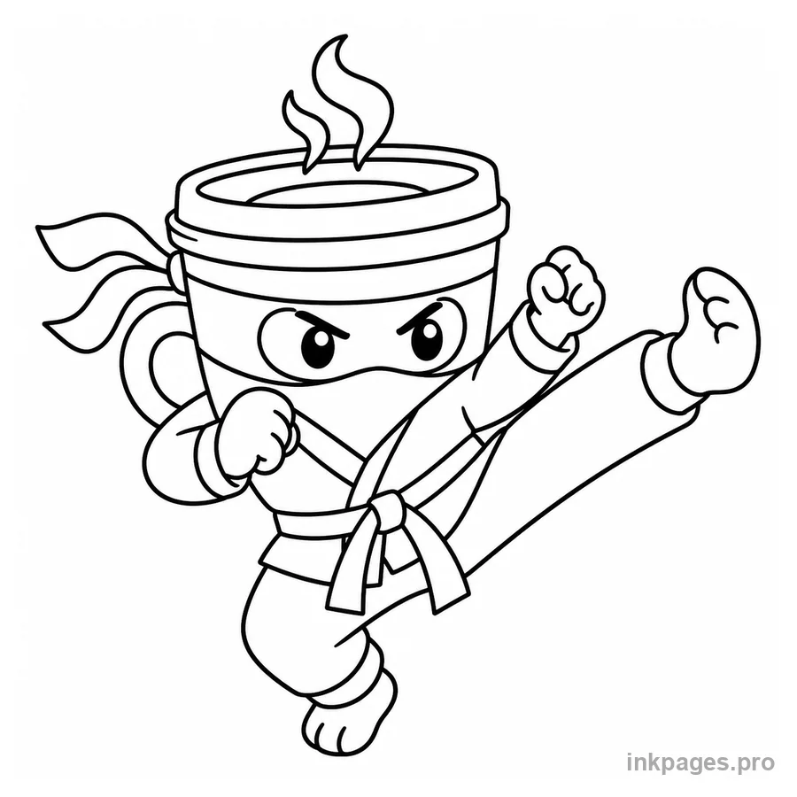 Free printable cappuccino assassino coloring page: a coffee-cup ninja doing a karate kick