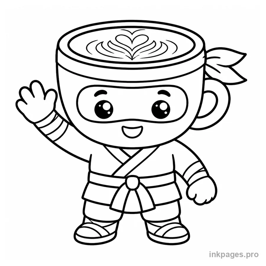 Free printable cappuccino assassino coloring page: a friendly cappuccino ninja waving hello