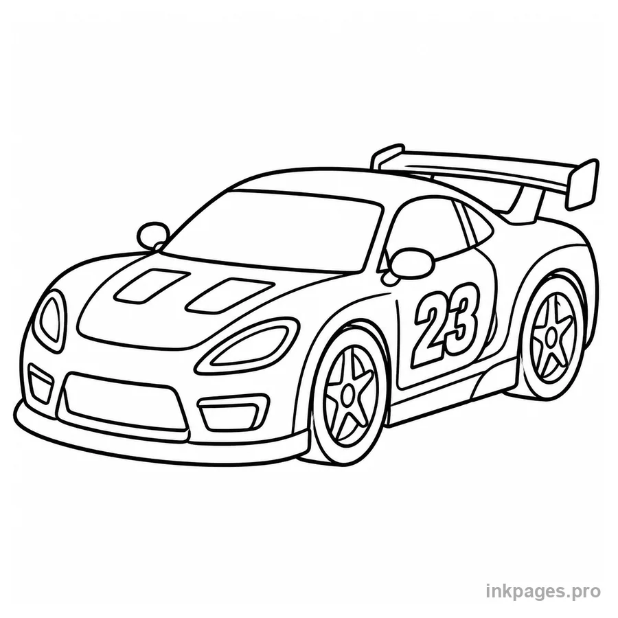 Free printable car coloring page: a fast race car with a number on the door