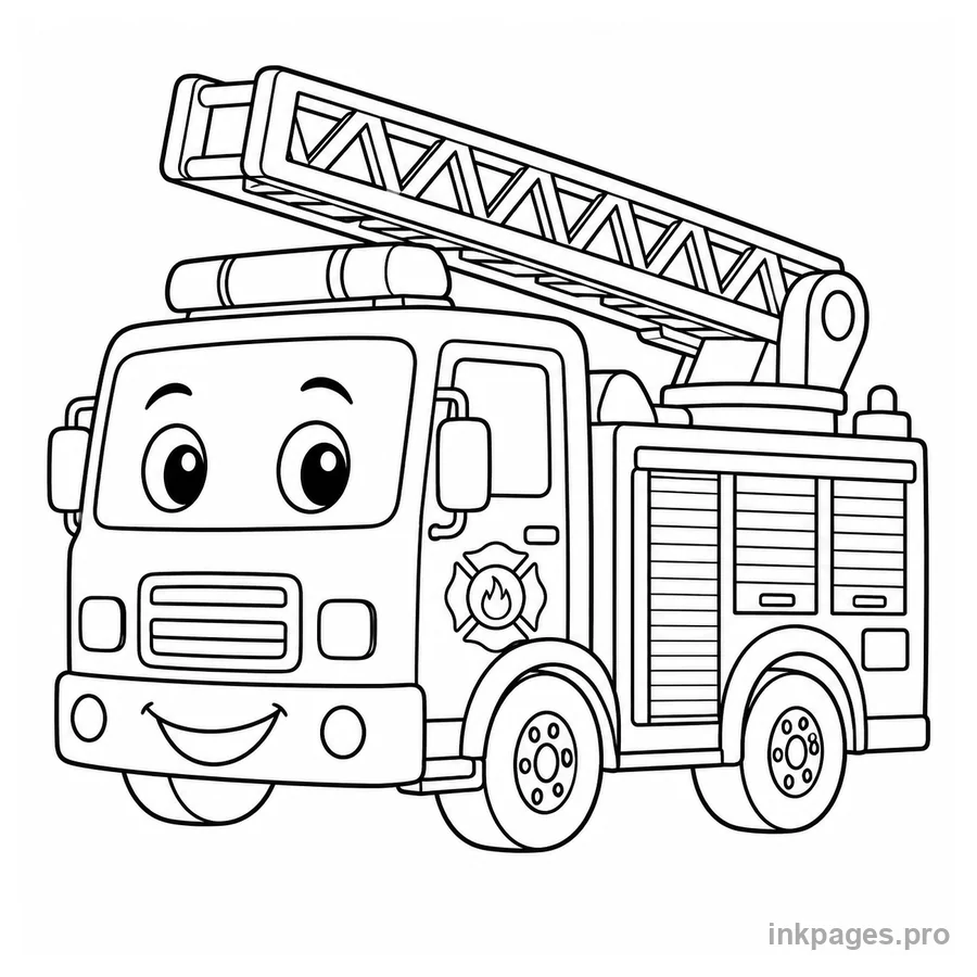 Free printable car coloring page: a friendly fire truck with a ladder