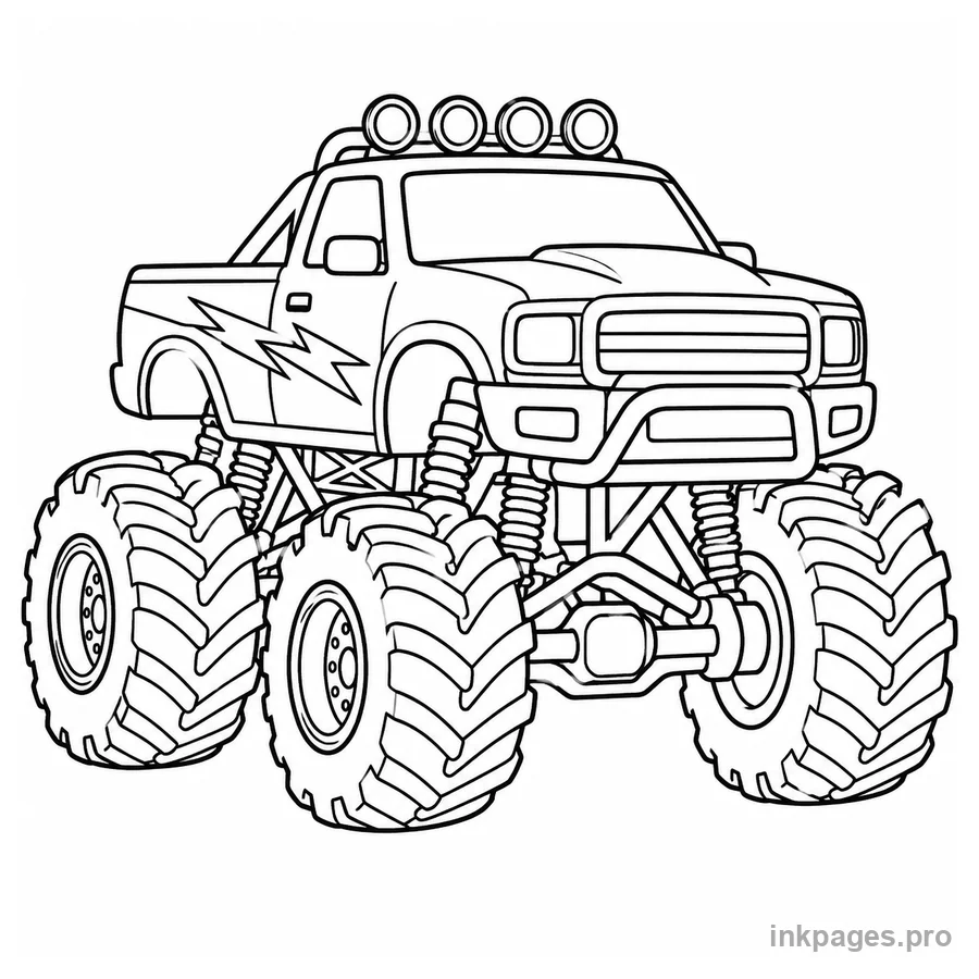 Free printable car coloring page: a big monster truck with chunky tires