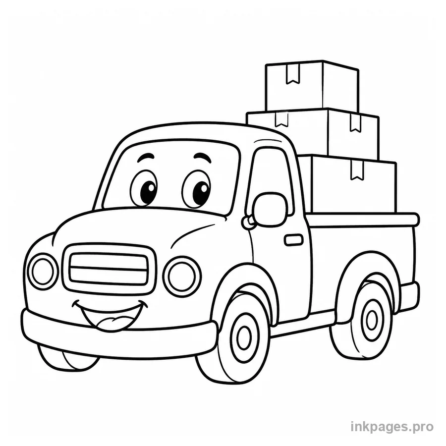 Free printable car coloring page: a cheerful pickup truck carrying boxes