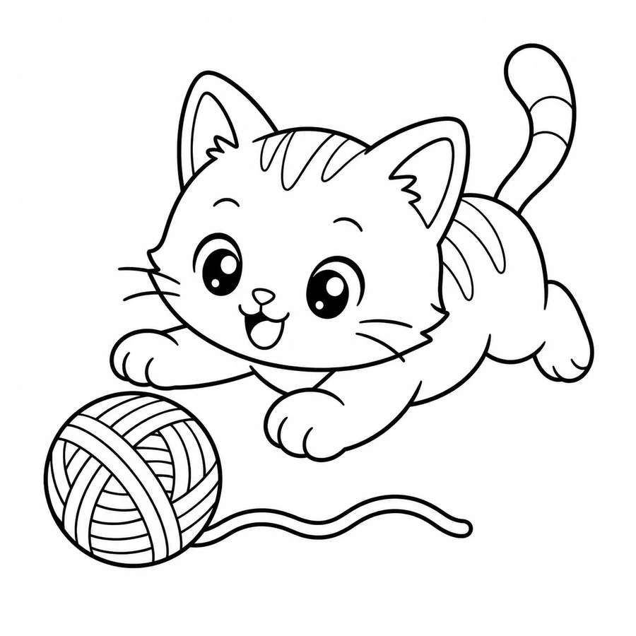 Free printable cat coloring page: a playful cat chasing a ball of yarn