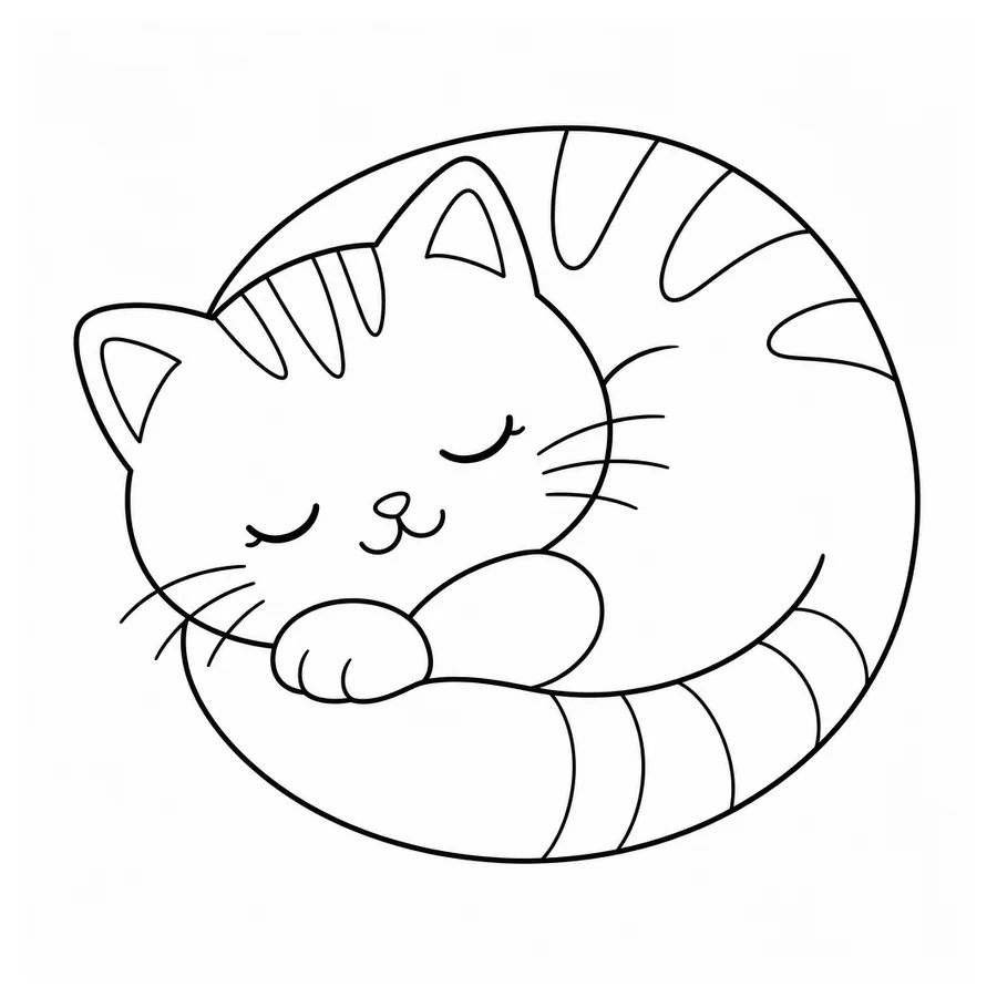 Free printable cat coloring page: a sleepy cat curled up in a cozy circle