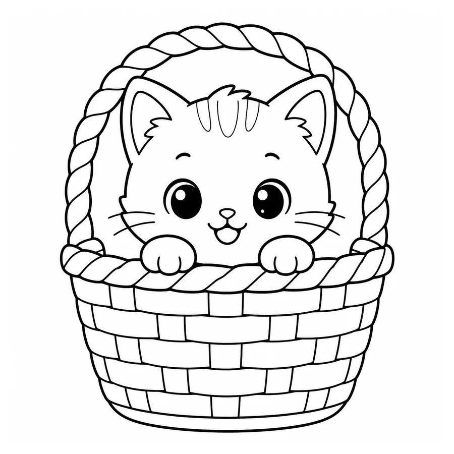 Free printable cat coloring page: a kitten peeking out of a basket