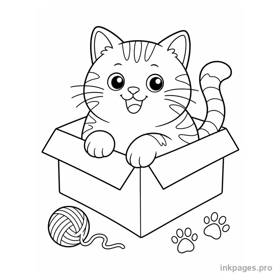 Free printable cat coloring page: a chubby tabby cat squeezed into a cardboard box with its paws over the edge