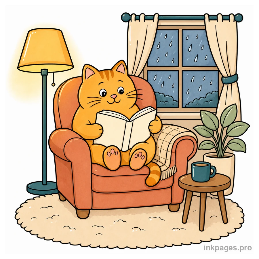 Finished color inspiration for cozy cat reading coloring page