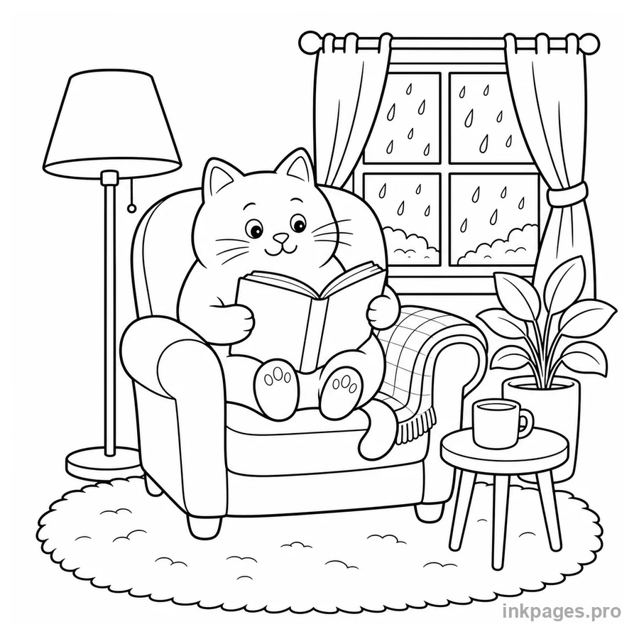 Free printable cat coloring page: a chubby cat reading in a cozy armchair beside a rainy window with a floor lamp, blanket and small mug