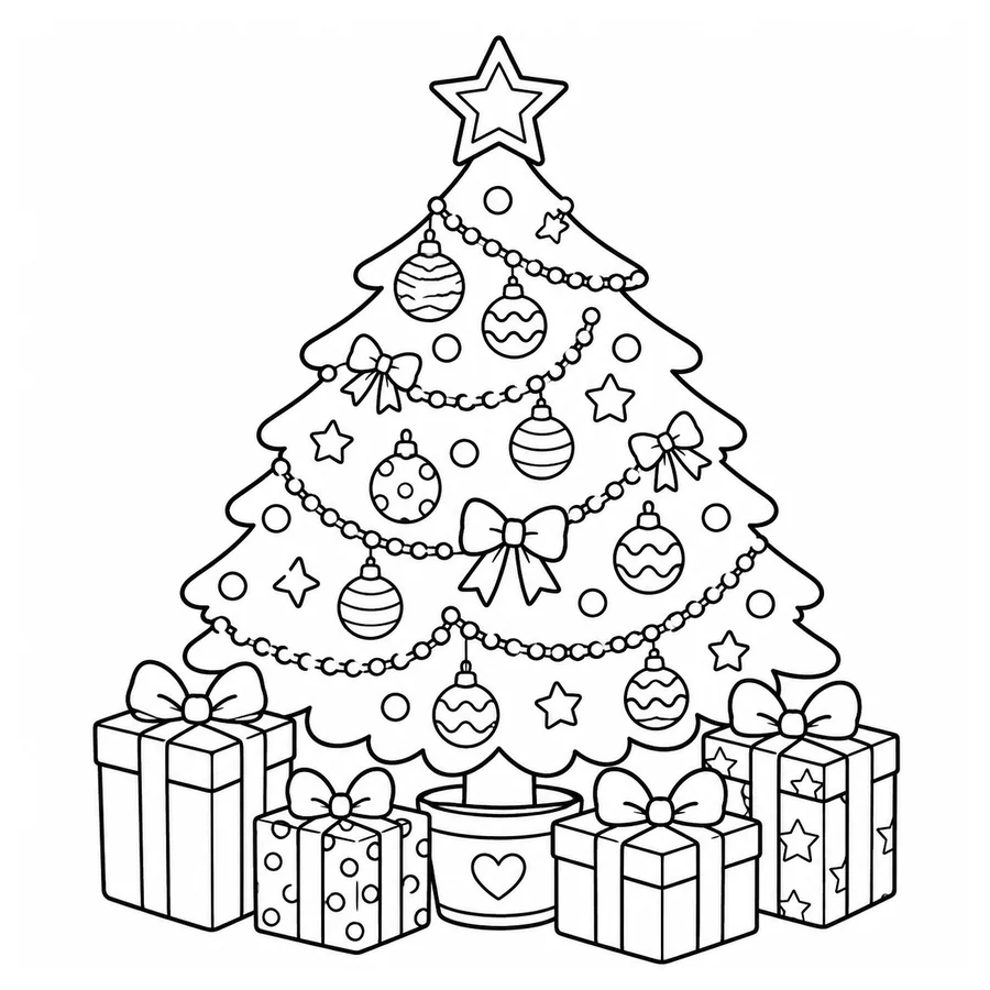 Free printable christmas coloring page: a decorated Christmas tree with presents