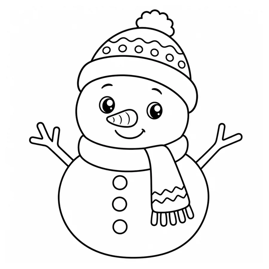 Free printable christmas coloring page: a cute snowman with a scarf and hat