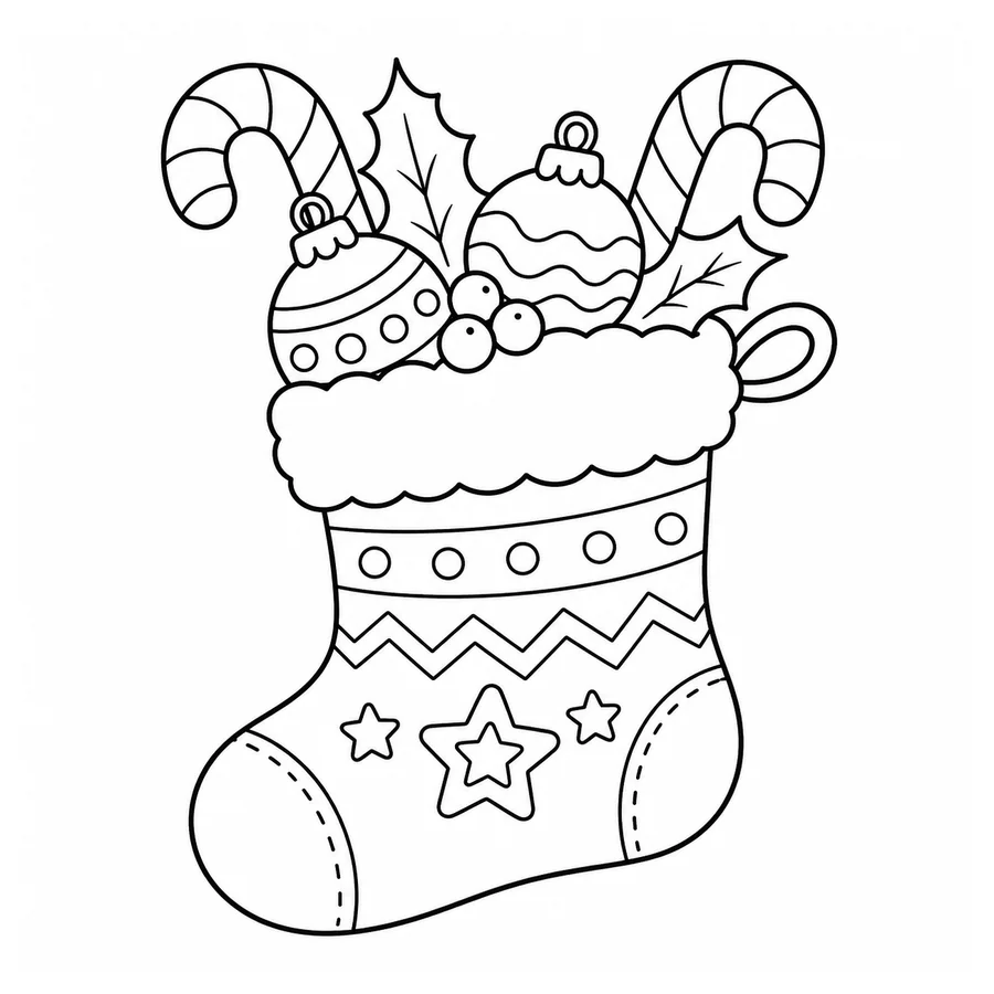 Free printable christmas coloring page: a Christmas stocking with candy canes and ornaments