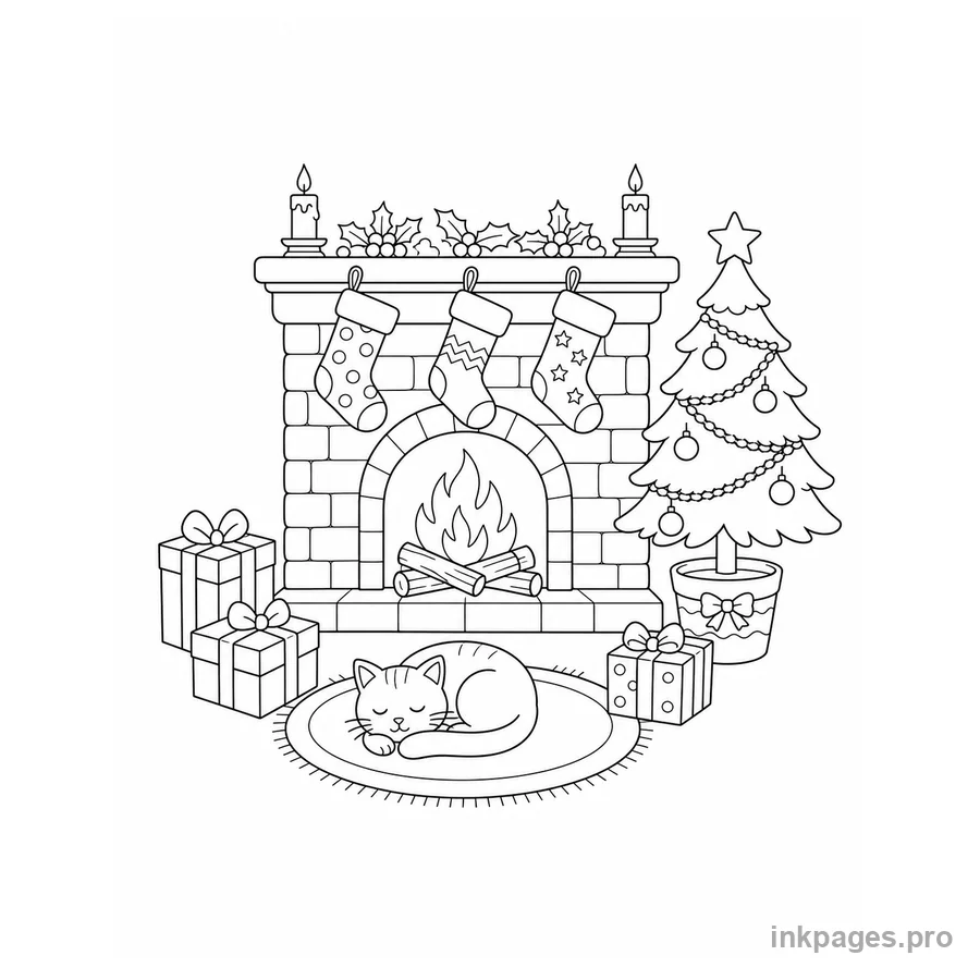 Free printable christmas coloring page: a cozy fireplace with hanging stockings, wrapped gifts and a sleeping cat