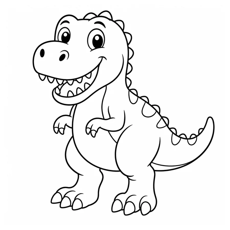 Free printable dinosaur coloring page: a friendly cartoon T-Rex standing and smiling