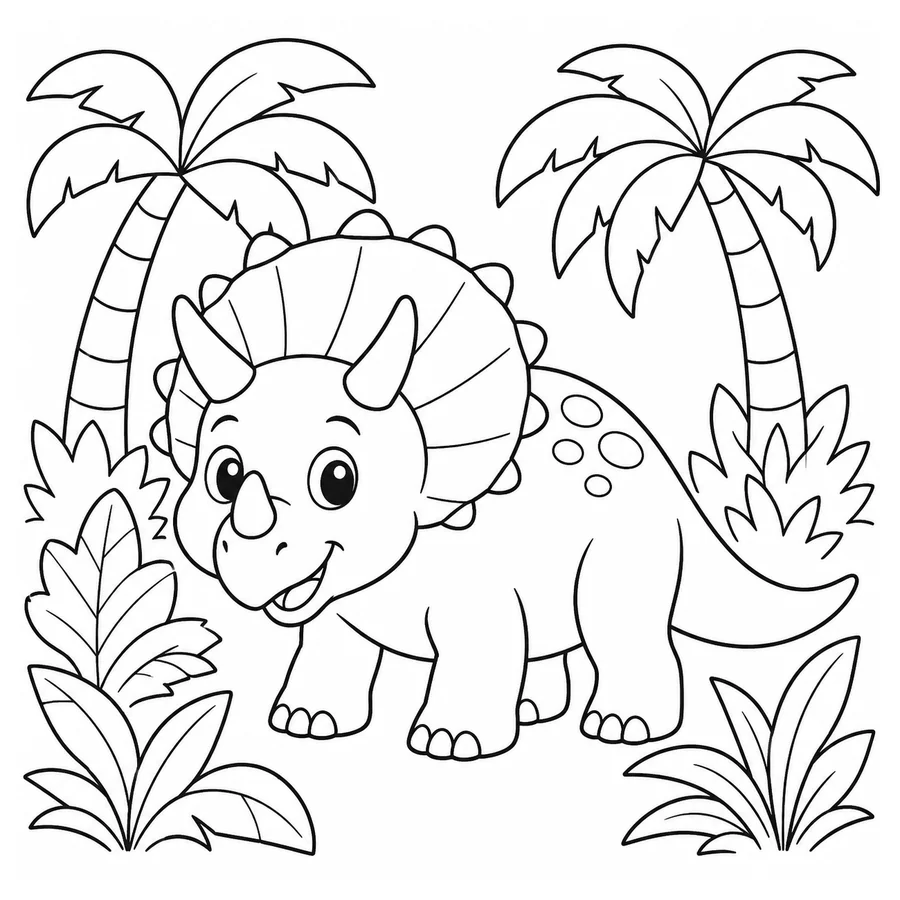 Free printable dinosaur coloring page: a triceratops in a simple jungle scene