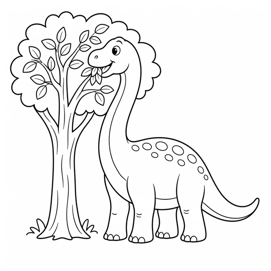 Free printable dinosaur coloring page: a long-necked brachiosaurus eating leaves from a tree