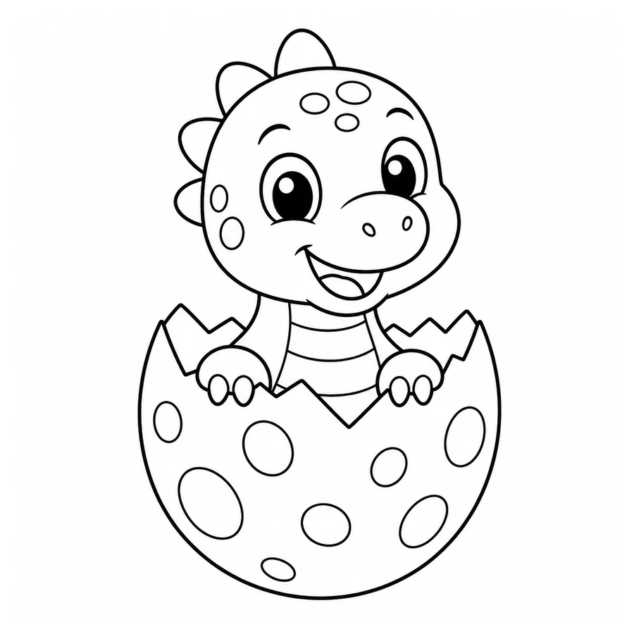 Free printable dinosaur coloring page: a baby dinosaur hatching from a cracked egg