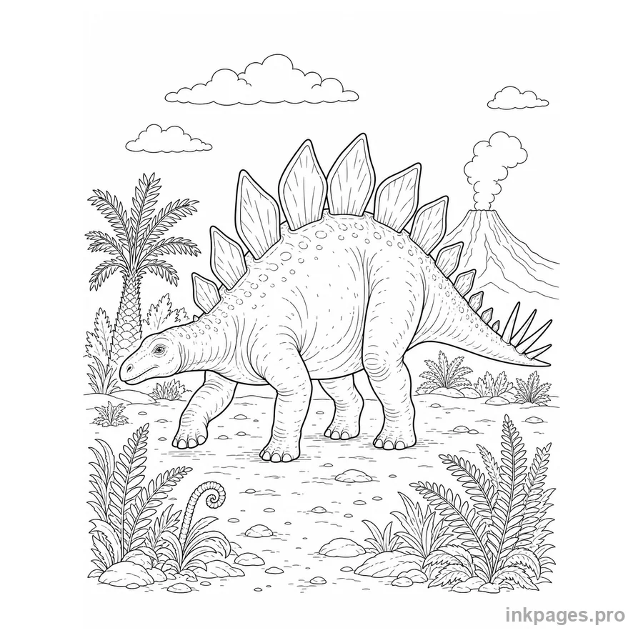 Free printable dinosaur coloring page: an anatomically recognizable stegosaurus walking beside ferns with a distant volcano