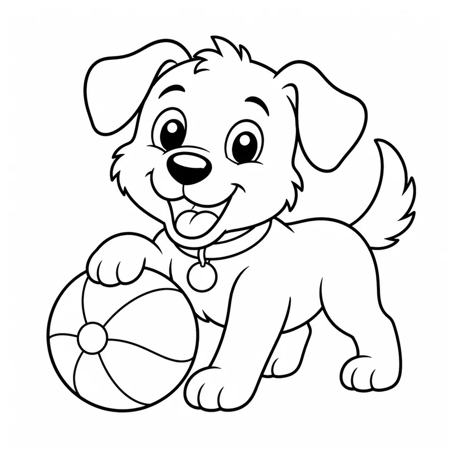 Free printable dog coloring page: a happy dog playing with a ball