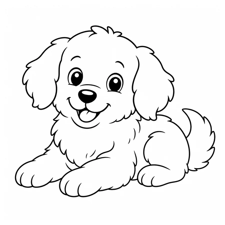 Free printable dog coloring page: a fluffy dog with floppy ears lying down