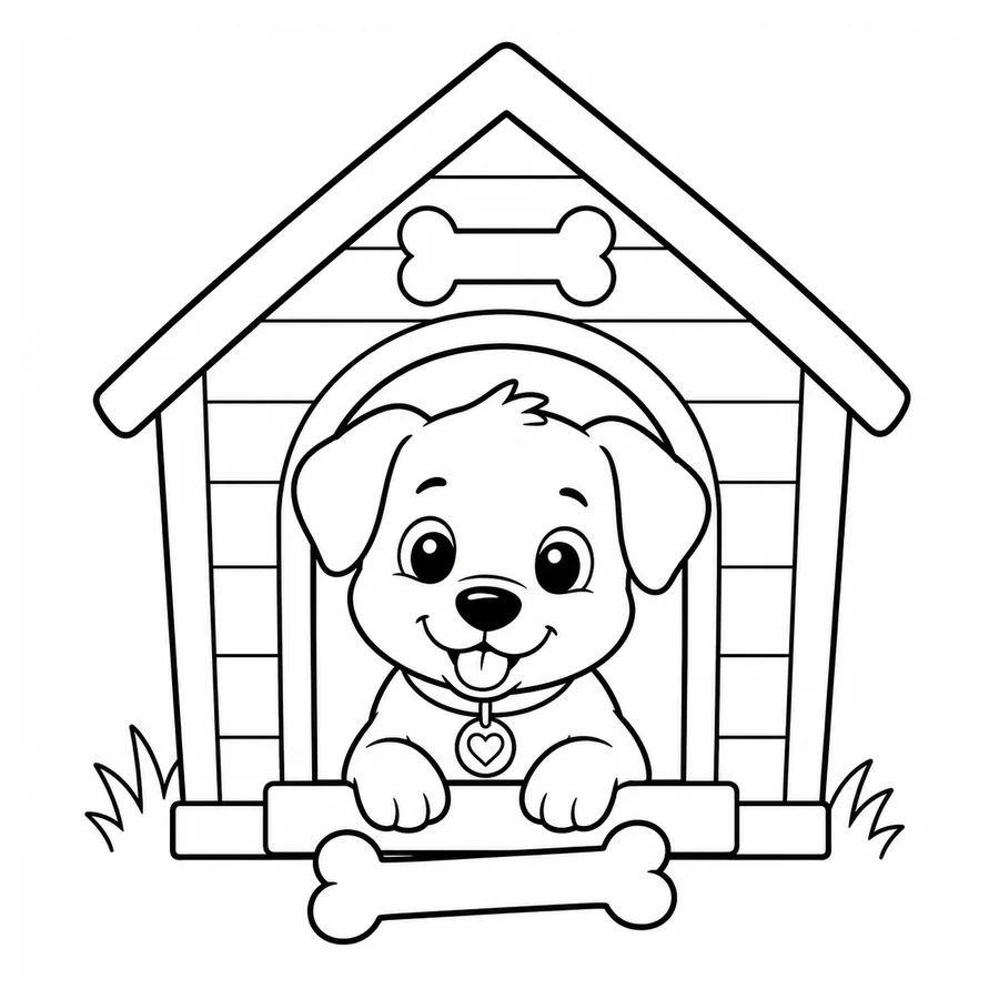 Free printable dog coloring page: a puppy in a dog house with a bone